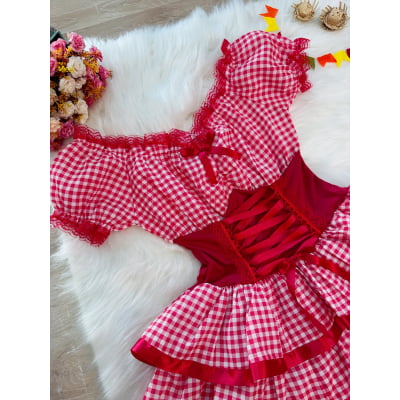 Fantasia Adulto Junino Arraiá Vermelho Xadrez Festas