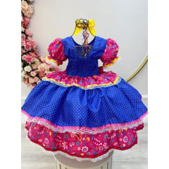 Fantasia Infantil Arraiá Junino Azul Estampa Florida Colorida