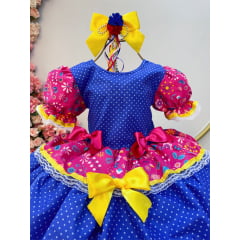 Fantasia Infantil Arraiá Junino Azul Estampa Florida Colorida