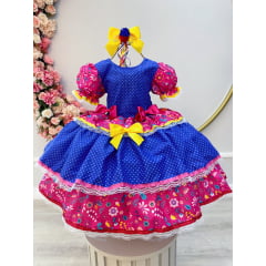 Fantasia Infantil Arraiá Junino Azul Estampa Florida Colorida