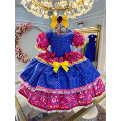 Fantasia Infantil Arraiá Junino Azul Estampa Florida Colorida