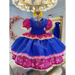 Fantasia Infantil Arraiá Junino Azul Estampa Florida Colorida