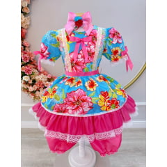 Fantasia Infantil Junino Azul e Pink Com Estampa Colorida