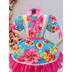 Fantasia Infantil Junino Azul e Pink Com Estampa Colorida