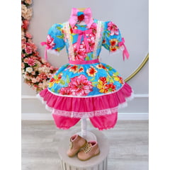 Fantasia Infantil Junino Azul e Pink Com Estampa Colorida