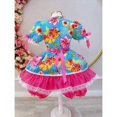 Fantasia Infantil Junino Azul e Pink Com Estampa Colorida