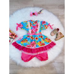 Fantasia Infantil Junino Azul e Pink Com Estampa Colorida
