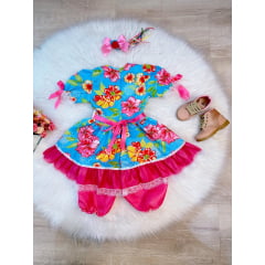 Fantasia Infantil Junino Azul e Pink Com Estampa Colorida