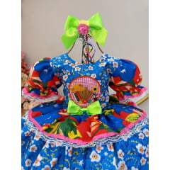 Fantasia Infantil Junino Azul Estampa Colorida