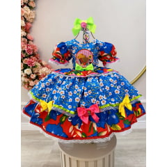 Fantasia Infantil Junino Azul Estampa Colorida