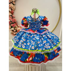 Fantasia Infantil Junino Azul Estampa Colorida