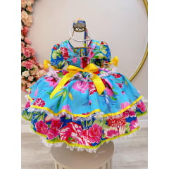 Fantasia Infantil Junino Azul Estampa Florida Colorida