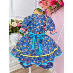 Fantasia Infantil Junino Azul Estampa Florzinhas Festas