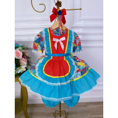 Fantasia Infantil Junino Azul Desenho Flores