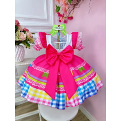 Vestido Infantil Junino Pink Colorido Desenho de Coração