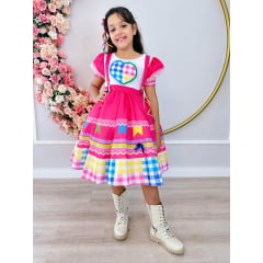 Vestido Infantil Junino Pink Colorido Desenho de Coração
