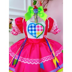 Vestido Infantil Junino Pink Colorido Desenho de Coração