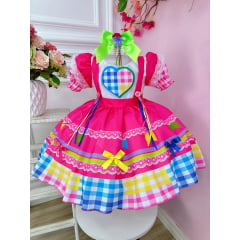 Vestido Infantil Junino Pink Colorido Desenho de Coração