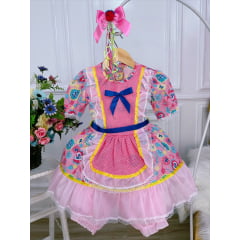 Fantasia Infantil Junino Rosa - Azul - Amarelo - Desenho de Corações - Podem Ter Variação Cor