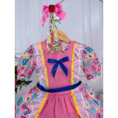 Fantasia Infantil Junino Rosa - Azul - Amarelo - Desenho de Corações - Podem Ter Variação Cor