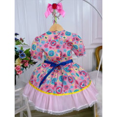 Fantasia Infantil Junino Rosa - Azul - Amarelo - Desenho de Corações - Podem Ter Variação Cor