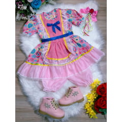 Fantasia Infantil Junino Rosa - Azul - Amarelo - Desenho de Corações - Podem Ter Variação Cor