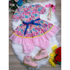 Fantasia Infantil Junino Rosa - Azul - Amarelo - Desenho de Corações - Podem Ter Variação Cor