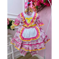 Fantasia Infantil Junino Rosa e Branco Desenhos Estampados