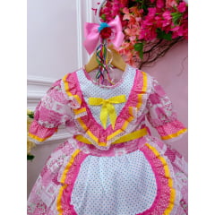 Fantasia Infantil Junino Rosa e Branco Desenhos Estampados
