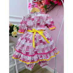 Fantasia Infantil Junino Rosa e Branco Desenhos Estampados