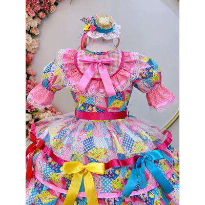 Fantasia Infantil Junino Rosa Chiclete Estampa Florzinhas