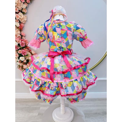 Fantasia Infantil Junino Rosa Chiclete Estampa Florzinhas