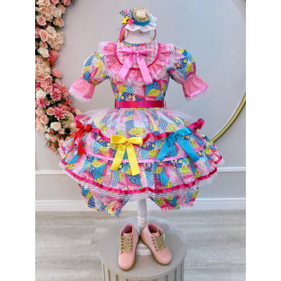 Fantasia Infantil Junino Rosa Chiclete Estampa Florzinhas