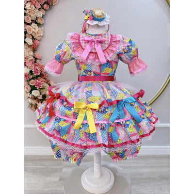 Vestido Infantil Junino Rosa Chiclete Estampa Florzinhas