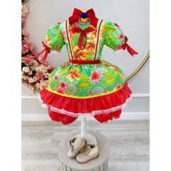 Fantasia Infantil Junino Verde e Vermelho C/ Estampa Colorida