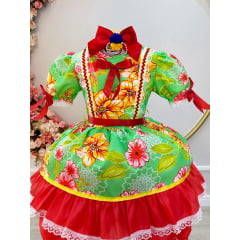Fantasia Infantil Junino Verde e Vermelho C/ Estampa Colorida
