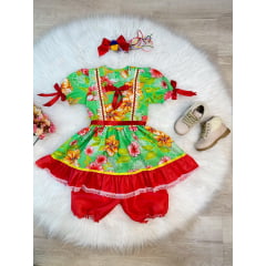 Fantasia Infantil Junino Verde e Vermelho C/ Estampa Colorida