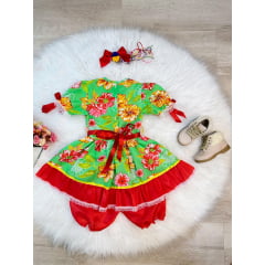 Fantasia Infantil Junino Verde e Vermelho C/ Estampa Colorida