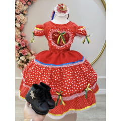 Fantasia Infantil Junino Vermelho Desenho Coraçõezinhos Festa