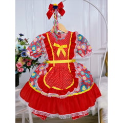 Fantasia Infantil Junino Vermelho Rosa Desenho de Corações