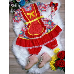 Fantasia Infantil Junino Vermelho Rosa Desenho de Corações