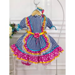 Fantasia Infantil Junino Xadrez Azul Rosa Chiclete C/ Flor