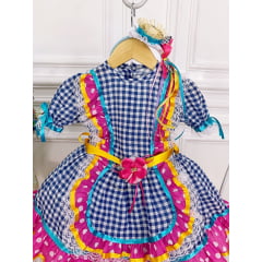 Fantasia Infantil Junino Xadrez Azul Rosa Chiclete C/ Flor
