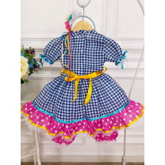 Fantasia Infantil Junino Xadrez Azul Rosa Chiclete C/ Flor