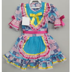 Fantasia Infantil Junino Xadrez Azul Rosa Estampado