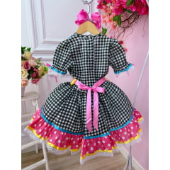 Fantasia Infantil Junino Xadrez Preto e Rosa Chiclete