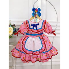 Fantasia Infantil Junino Xadrez Rosa Chiclete Estampado