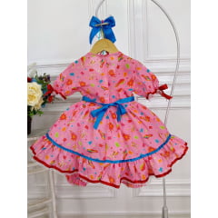 Fantasia Infantil Junino Xadrez Rosa Chiclete Estampado