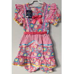 Fantasia Infantil Junino Xadrez Rosa Chiclete Corações