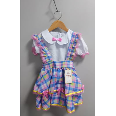 Conjunto Infantil Junino Camisa e Salopete Xadrez Rosa Azul